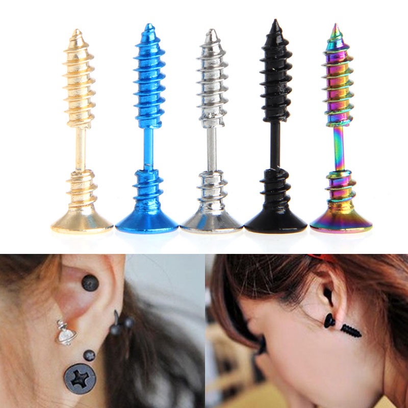 Bông tai hình đinh ốc bằng thép không gỉ phong cách punk mới cho nam và nữ