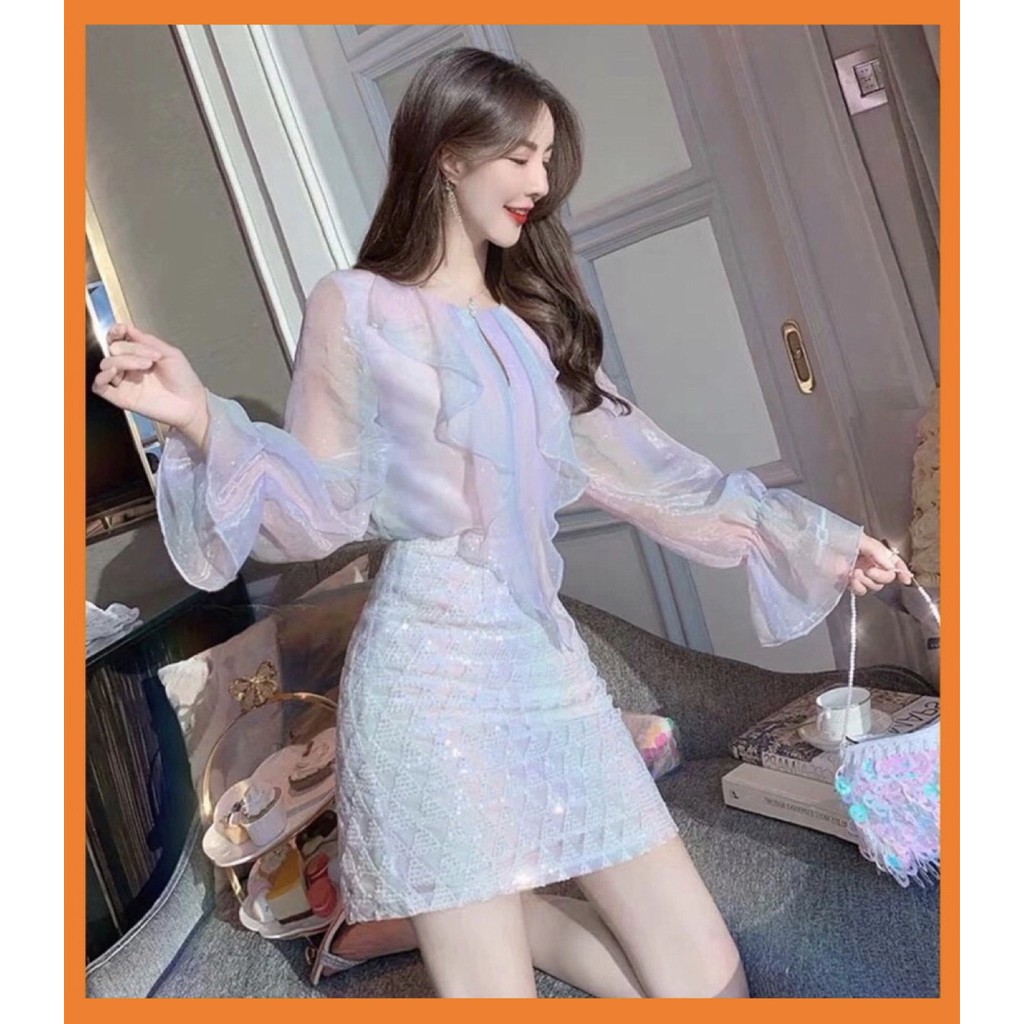 [Sẵn Hàng]♥️Set Áo Cầu Vồng+Chân Váy Bling Ulzzang(ảnh thật)Size S->XL