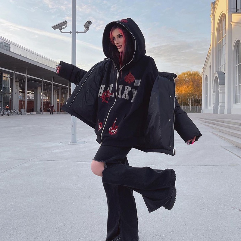 Áo Khoác Hoodie Có Khóa Kéo Đính Đá Hình Bộ Xương Y2K Thời Trang Mùa Thu 2023 Phong Cách Goth Cho Nam Và Nữ Y2K