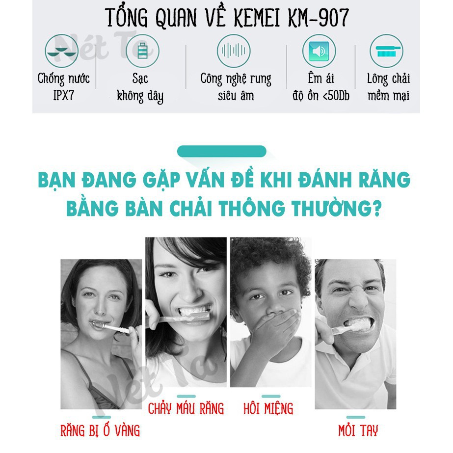 Bàn chải đánh răng điện KEMEI 907 tặng thêm 3 đầu bàn trải