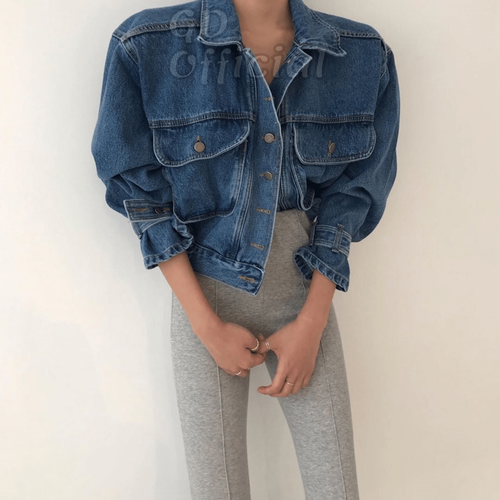 K100|Áo khoác jeans nữ dáng ngắn croptop cá tính màu xanh denim GD Official