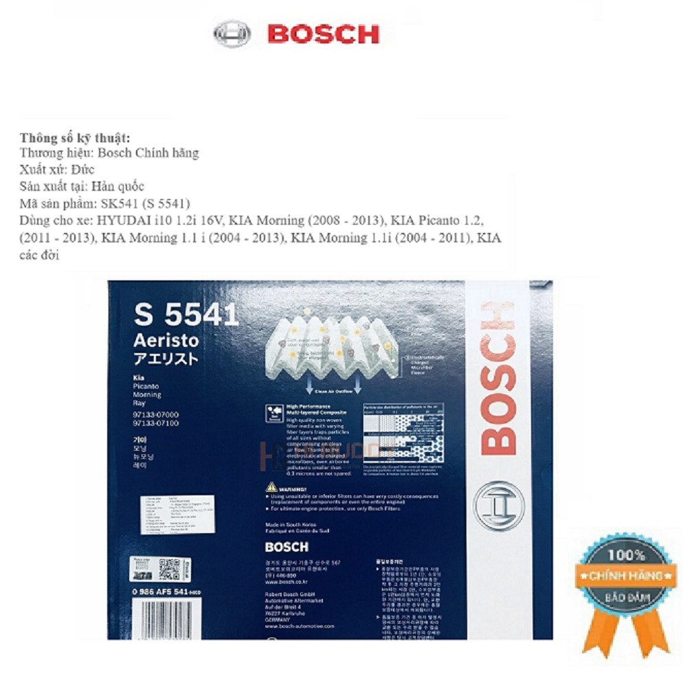 { LỌC GIÓ ĐIỀU HÒA } Bosch S5541.Ngăn chặn bụi mịn và các chất gây dị ứng như vi khuẩn, dành cho xe kiamonig,Hyundai I10