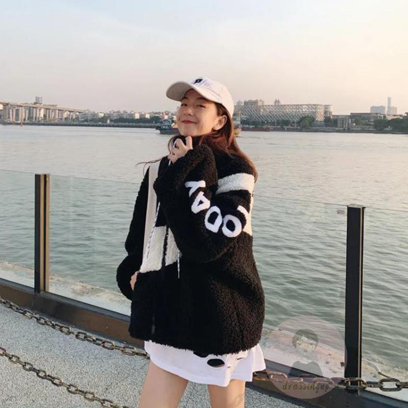 Áo Khoác Giả Lông Thú Khóa Kéo In Chữ Thời Trang Cho Nữ