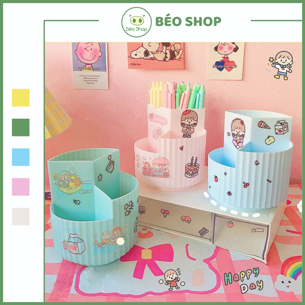 Ống cắm bút xoay 360 độ chia 3 ngăn Béo Shop , hộp đựng bút tròn bằng nhựa để bàn tiện lợi