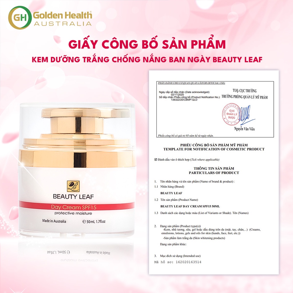 [GOLDEN HEALTH] Kem dưỡng trắng, chống nắng bảo vệ da ban ngày Beauty Leaf SPF15 50ml