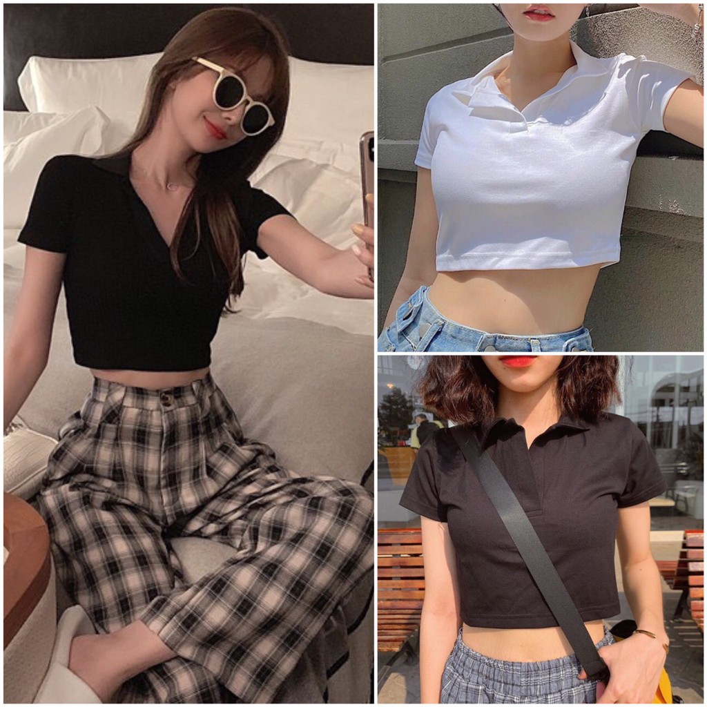 Áo Croptop Nữ Kiểu Ôm Tay Ngắn - Áo Croptop Polo Ngắn Tay 2 Màu Trắng Đen AT05