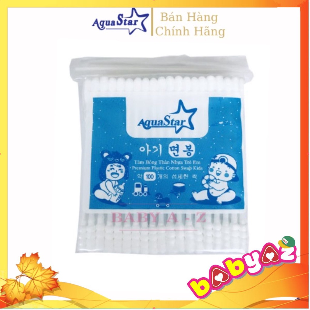 Tăm Bông Trẻ Em Kháng Khuẩn Cao Cấp Bịch 100 Que Nhựa 2 Đầu Tròn Xoắn Aquastar- Công Nghệ Korea