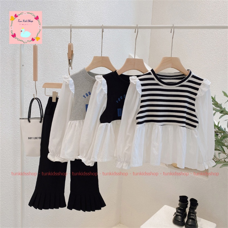 Áo sơ mi cho bé gái phối 2 màu viền nơ xinh xắn đủ size dưới 14 tuổi