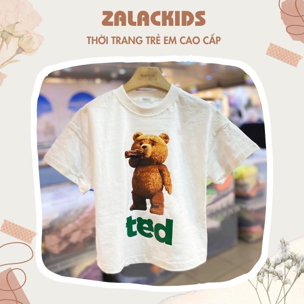 Áo thun cho bé trai, bé gái, Áo cộc tay gấu Ted trẻ em Zalackids phong cách Hàn Quốc size 90-140cm