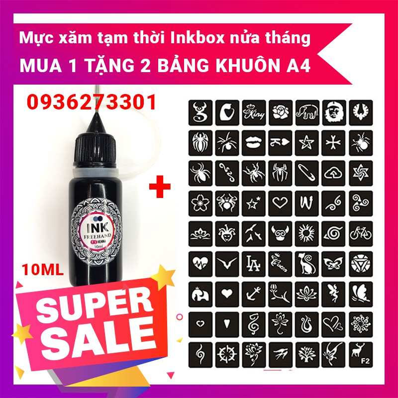 Mực xăm henna, tattoo nửa tháng Inkbox 10ml tặng 2 bảng khuôn A4