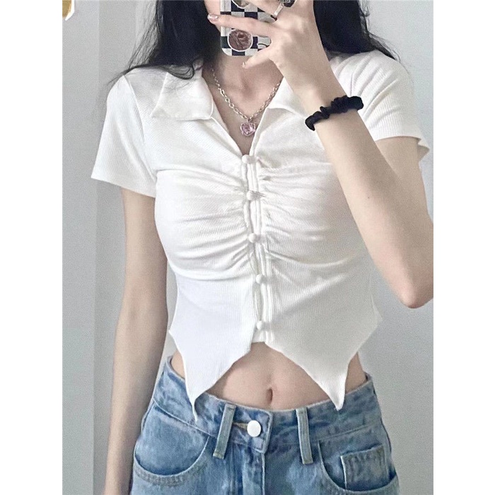 Áo Thun polo Tay Ngắn Dáng Ôm Màu Trắng Thời Trang Mùa Hè Cho Nữ