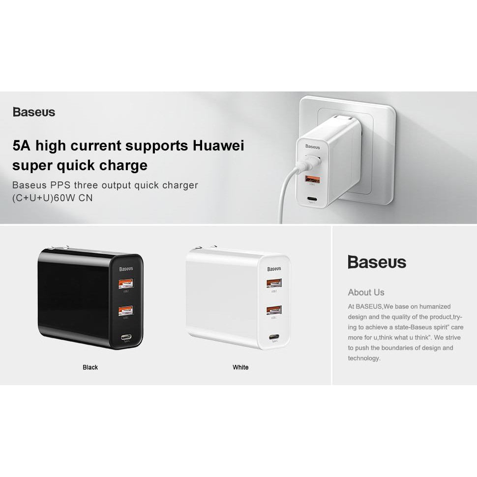 Cốc sạc siêu nhanh 3 cổng Type-C + Dual USB Baseus BS-CH910 Speed PPS, QC/PD3.0/VOOC/HW5A, công suất 60W
