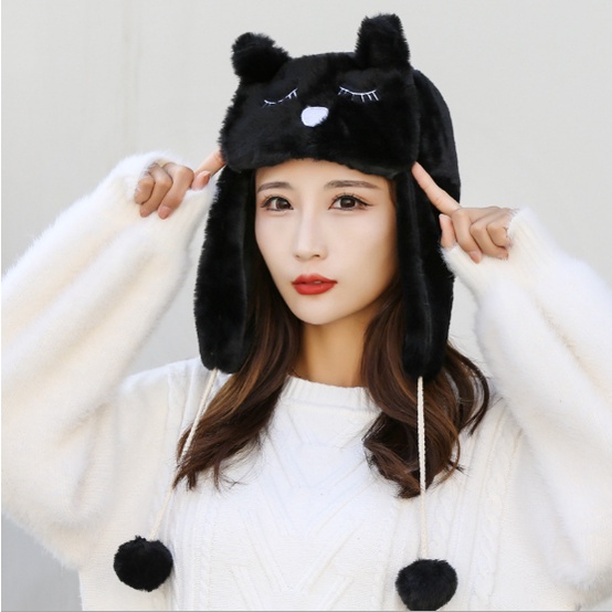 Mũ Len Lông cừu Tai Gấu Chụp đầu Giữ ấm Mùa Đông Dễ thương Ulzzang Hàn Quốc