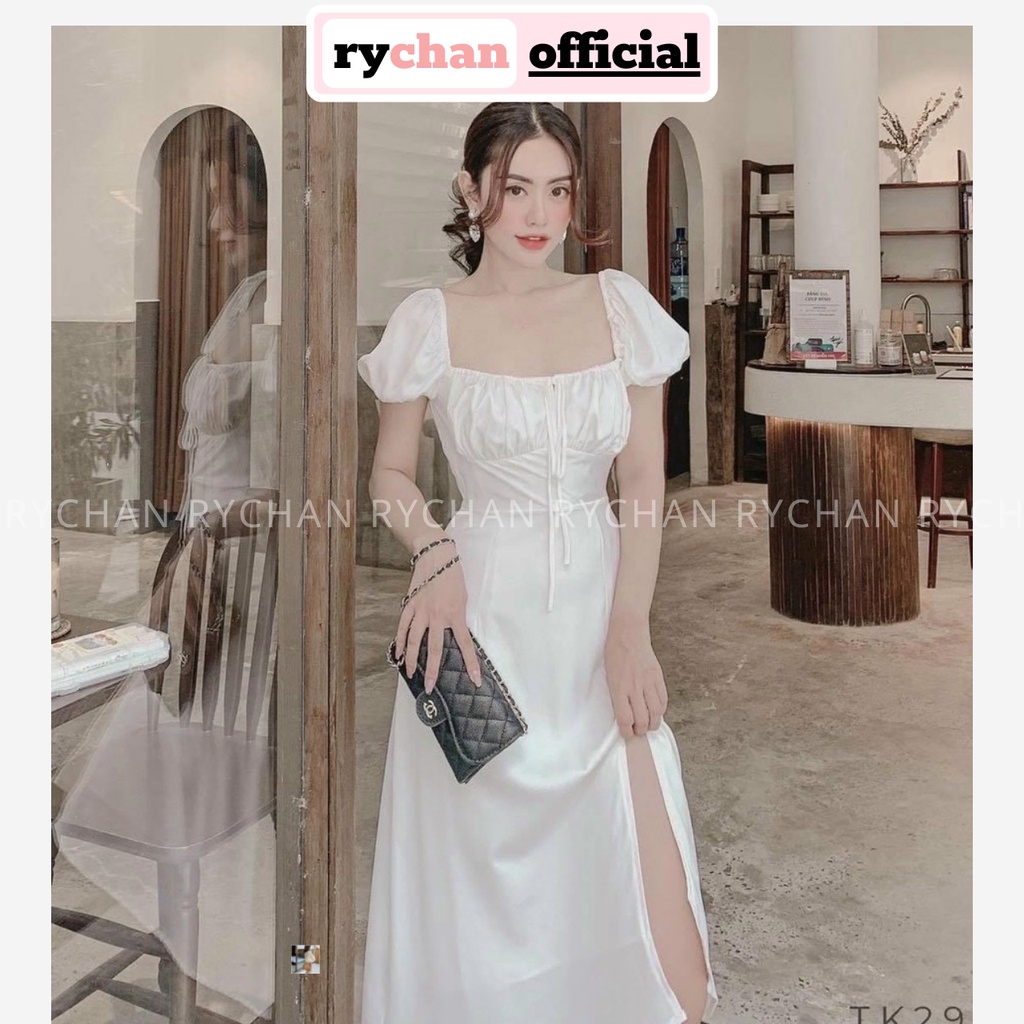 Đầm Xòe Midi Trắng Ngực Nhún Thắt Nơ Xẻ Tà Lót Trong Dày Dặn  - DX9967