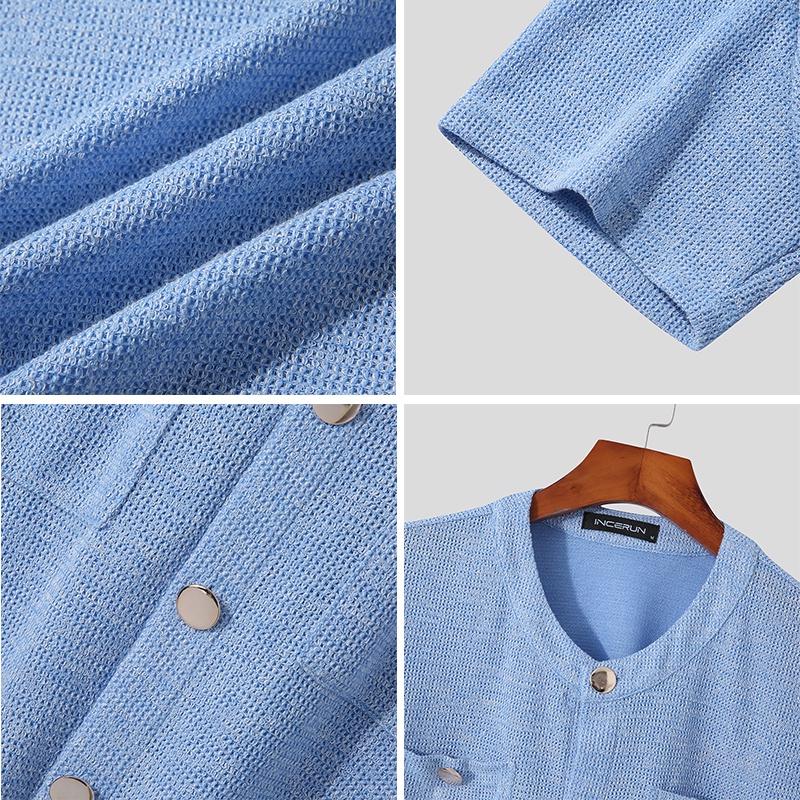 Áo dệt kim INCERUN tay ngắn cổ tròn cài nút thời trang cho nam