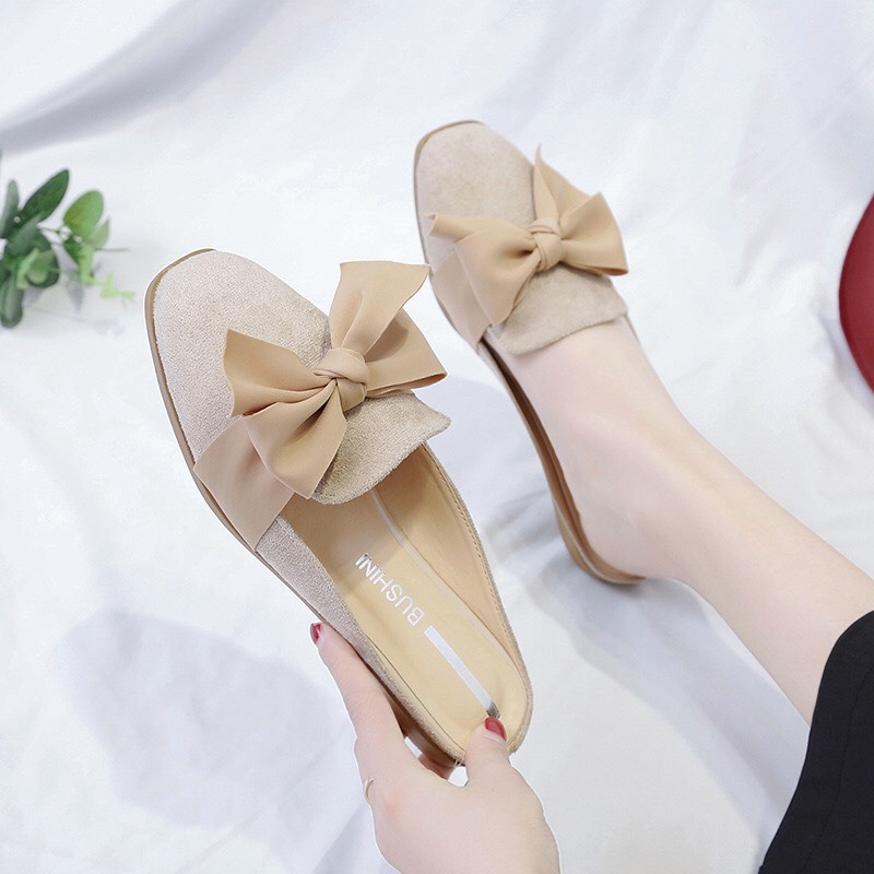 Dép sục nữ đính nơ vải lụa chất da lộn siêu mềm, êm chân