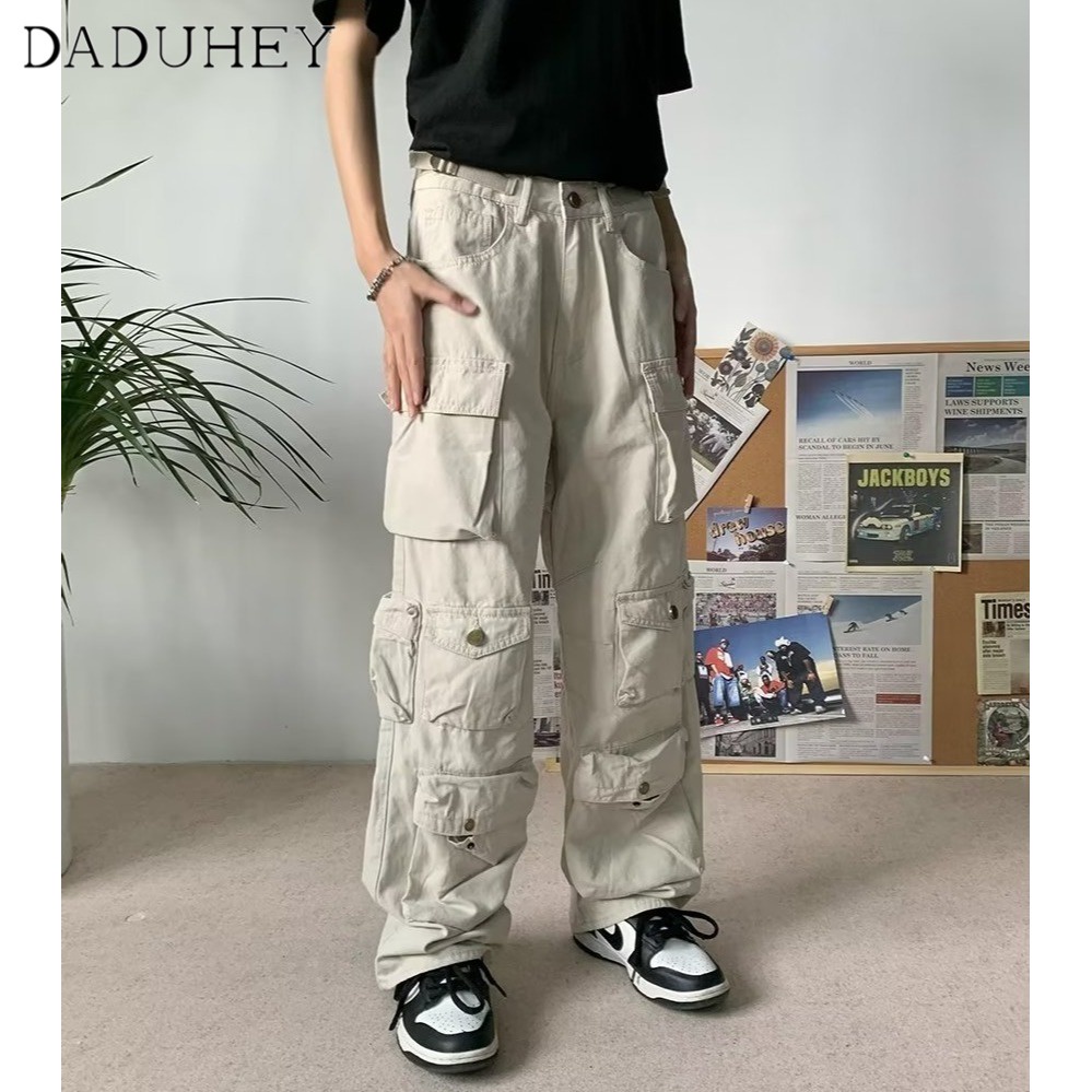 Quần cargo có nhiều túi vải cotton nặng ống thẳng phong cách thời trang nam nữ cổ điển mùa thu Âu Mỹ