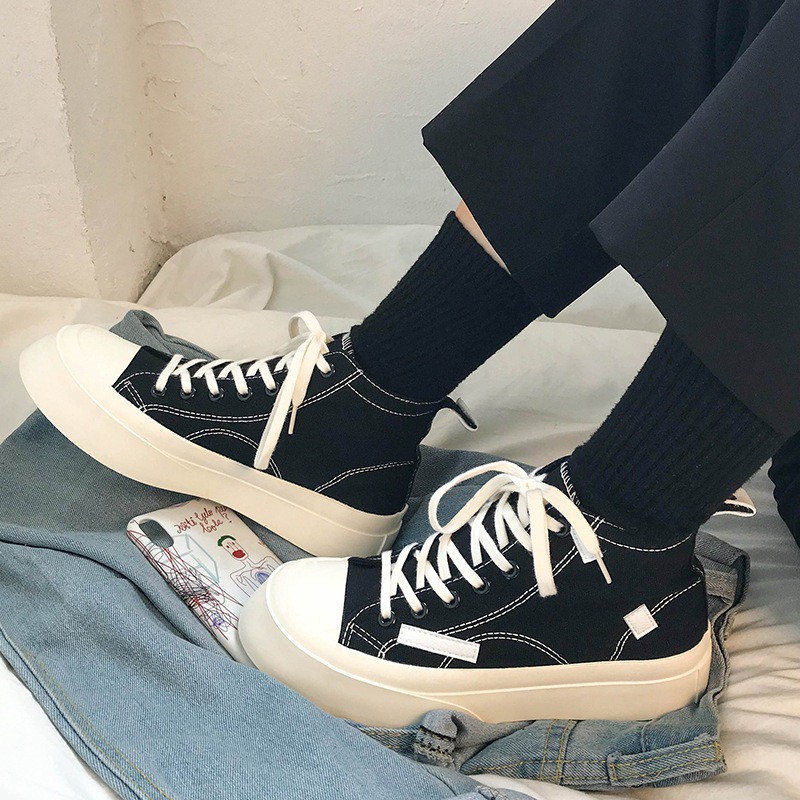 Giày thể thao nữ sneaker đế bánh mì, giày vải cổ cao chất lượng cao cấp, đế cao su nguyên khối tăng chiều cao