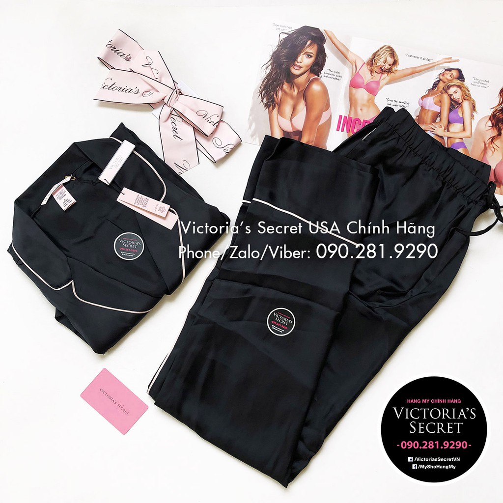Size XS/S/M - Bộ đồ ngủ Đen thanh lịch (26, 58, 19) quyến rũ, vải Satin mền mịn, Long Black - Victoria's Secret