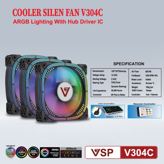 Bộ 3 Fan VSP V304C Led RGB kèm hub và remote Cho Case kính cường lực