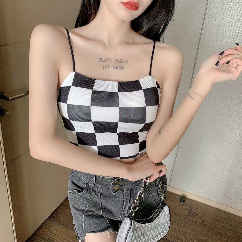 OCEANMAP Áo Lót Croptop Hai Dây Họa Tiết Caro Hở Lưng Xinh Xắn Cho Nữ