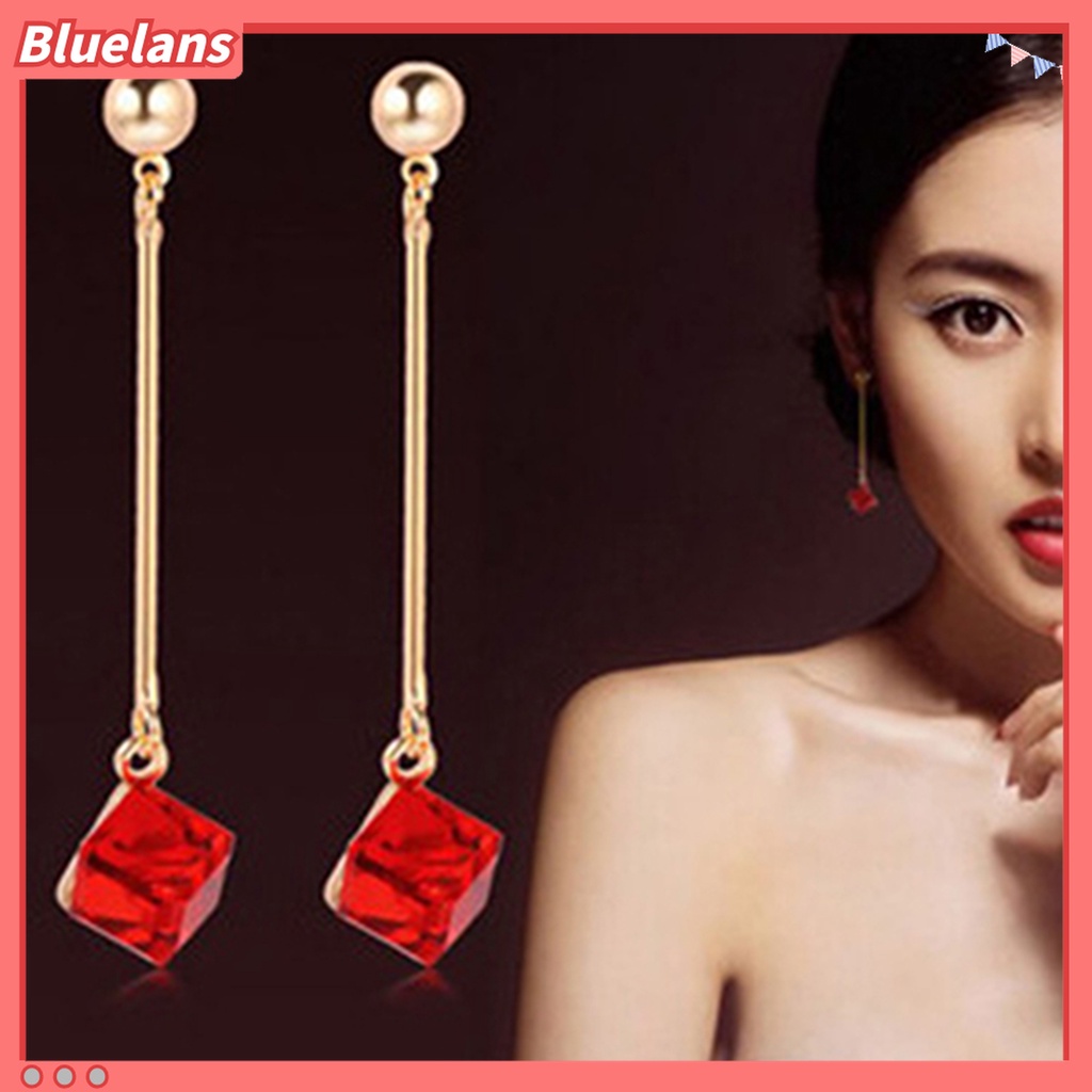 Cặp khuyên tai dài đính khối đá đỏ độc đáo thời trang cho nữ