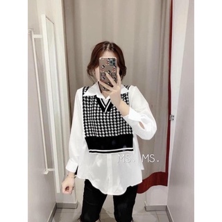 Oder áo sơ mi dáng dài giấu quần phối áo gile len cực xinh