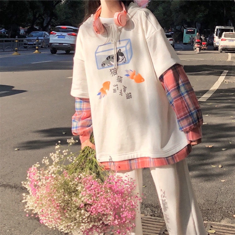 Set Áo Hoodie Giả Hai Lớp Form Rộng Và Quần Dài In Họa Tiết Dễ Thương Phong Cách Hàn Quốc
