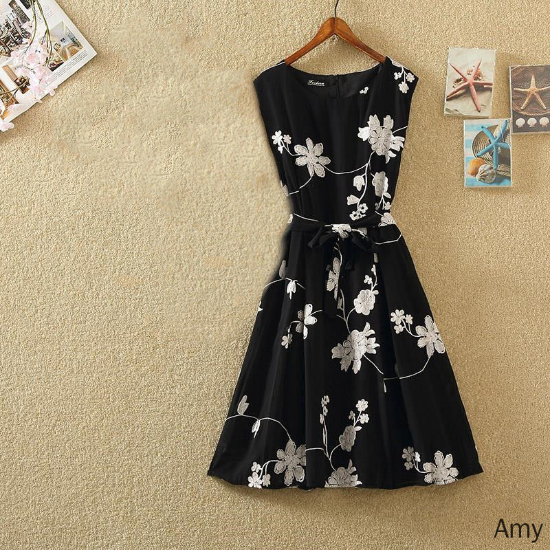 AMOI bộ Đầm Hai Mảnh / Bộ Áo Không Tay Dáng Chữ A Eo Cao Màu Đen Phong Cách retro UH6F