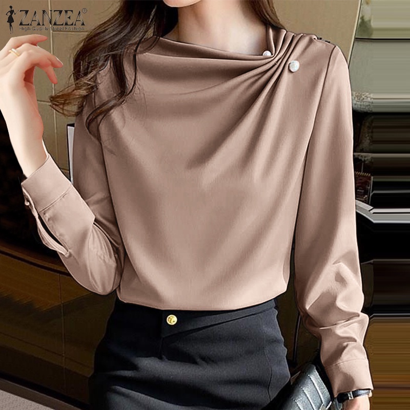 Áo sơ mi ZANZEA tay dài vải satin thời trang thanh lịch tùy chọn màu sắc dành cho nữ