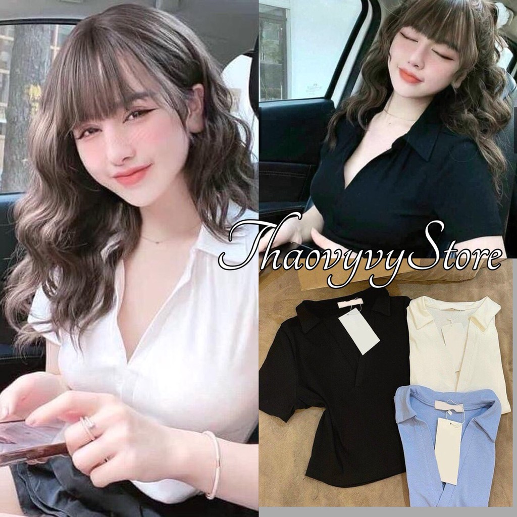 Áo Polo Chữ V Cộc Tay,🌼 Thaovystore<FREESHIP> 🌼,Thun Body Dáng Ôm, Áo Phông Trơn Cổ Tim Bánh Bèo 3 Màu ĐEN TRẮNG XANH