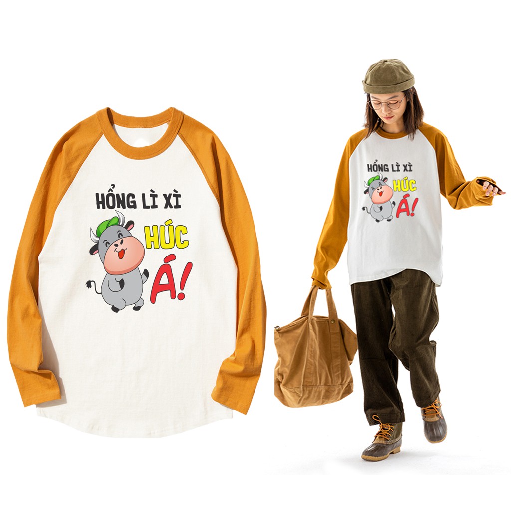 Áo thun dài tay raglan nam nữ unissex thiết kế cổ tròn basic in hình tết 2021
