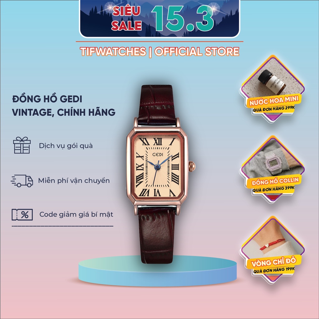 Đồng hồ nữ dây da mặt nhỏ GEDI da nâu mặt gold đồng hồ nữ mặt vuông phong cách Hàn Quốc Watchesbytif size 22mm