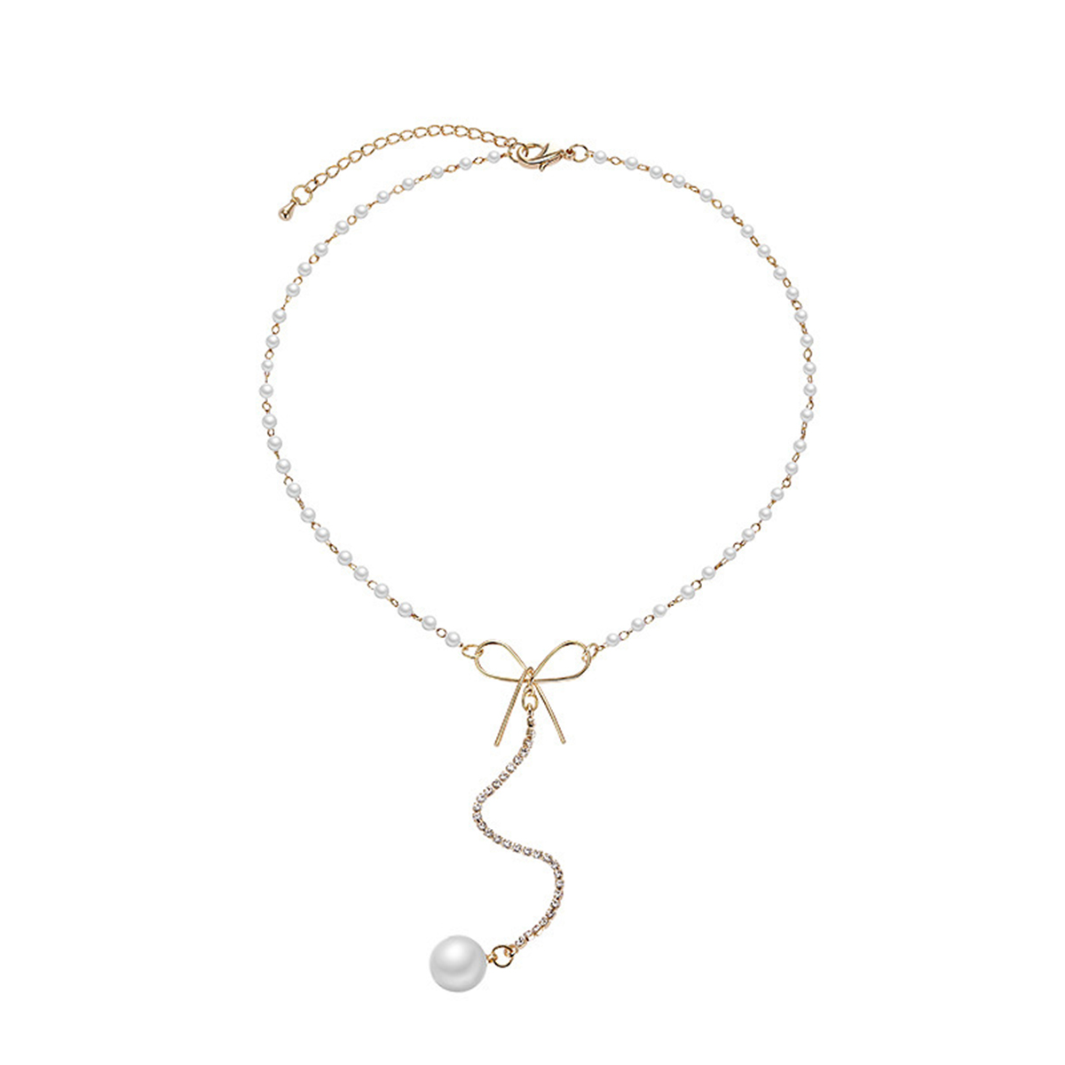 ✿-LZZ-✿-Clavicle Necklace Pearl Rhinestone Adjustable Bow Elegant Noble Fashionable Joker Woman Jewelry Pendant Necklace