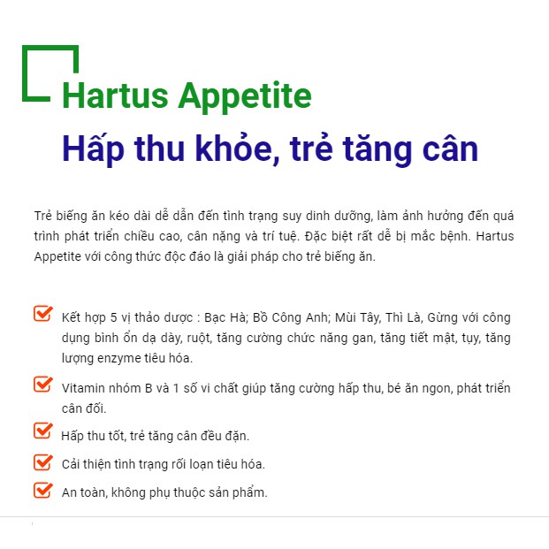 [Trẻ biếng ăn - Tặng 2 khăn sợi tre] Hartus' Appetite – Kích Thích Tiêu Hóa, Thèm Ăn, Tăng Cường Hấp Thu Chất cho Trẻ em