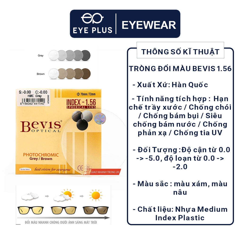 Mắt kính cận nam nữ EYE PLUS Bevis đổi màu chính hãng chống trầy xước