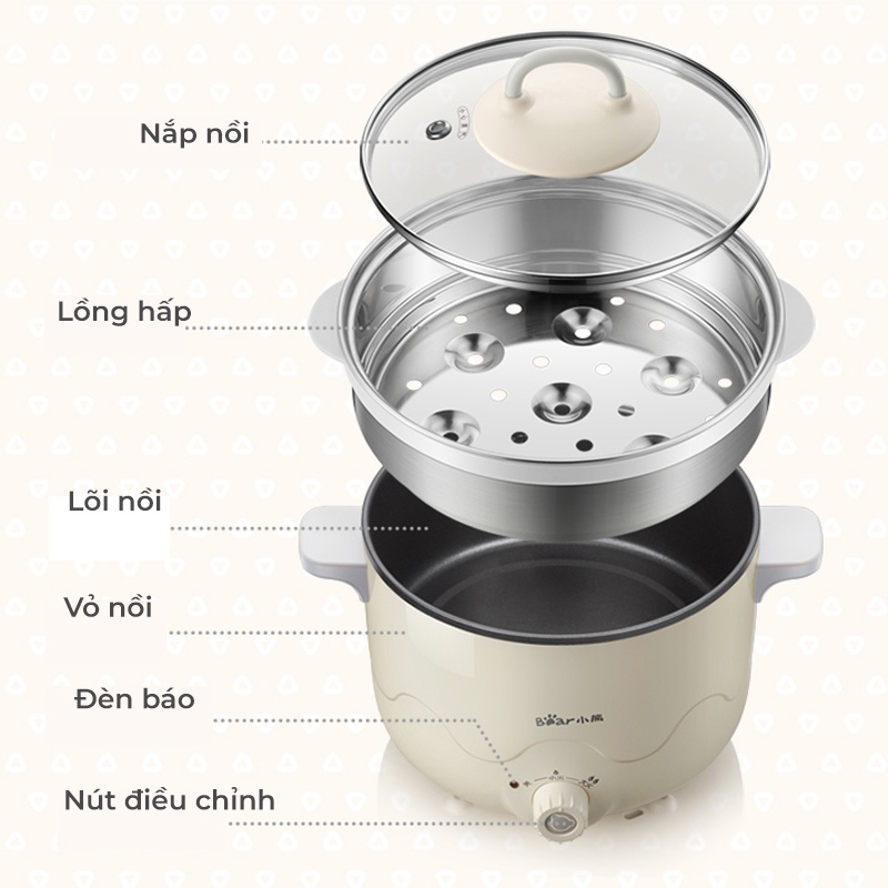 Nồi điện đa năng KÈM LỒNG HẤP chính hãng Bear 2,5L tự ngắt, tay cầm chống nóng, công suất 800W chiên, xào, nấu, lẩu,..