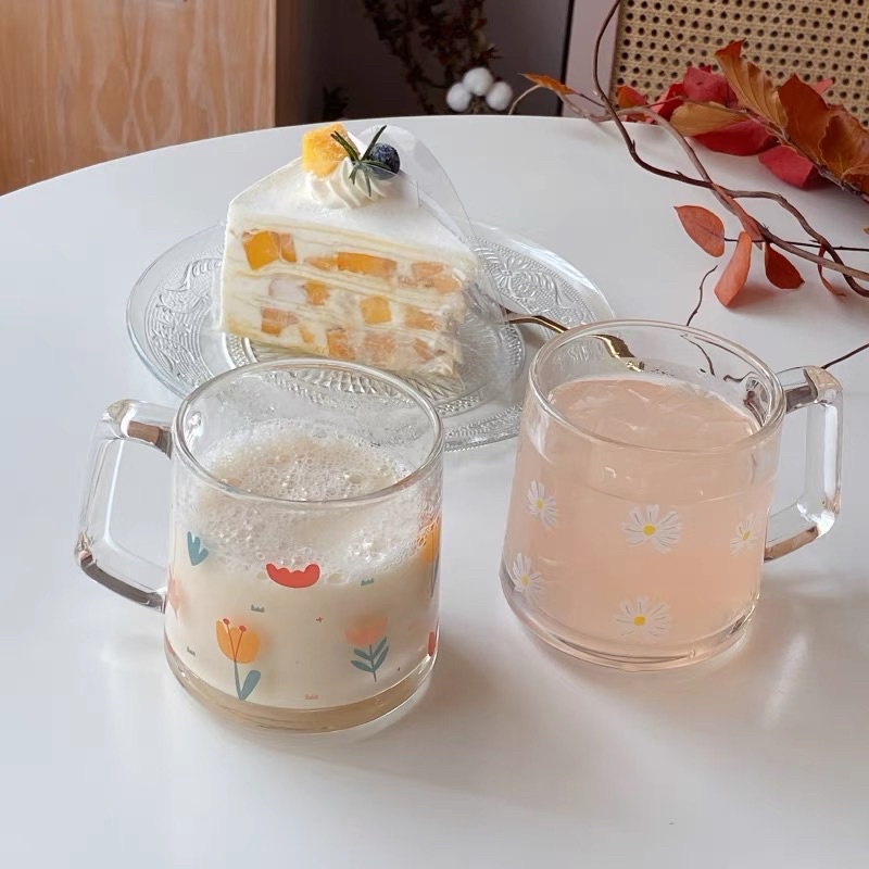 Ly Thủy tinh có quay in hình phong cách Hàn Quốc,ly uống trà chiều cafe