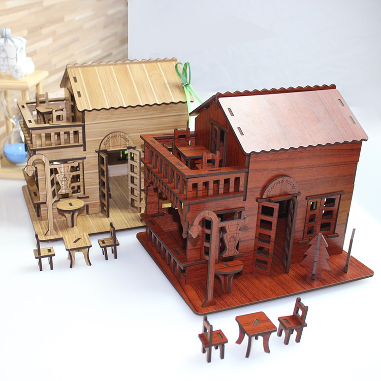 Đồ chơi lắp ráp gỗ 3D Mô hình Quán Café Coffe House - Tặng kèm đèn LED USB trang trí