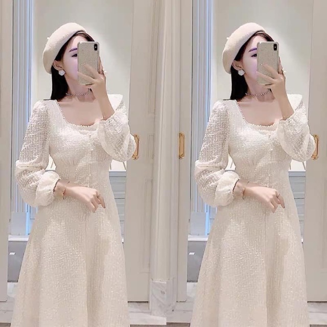 Váy vintage  [ KÈM VIDEO ẢNH THẬT] - Váy cổ vuông màu trắng sữa đính ngọc dáng dài order