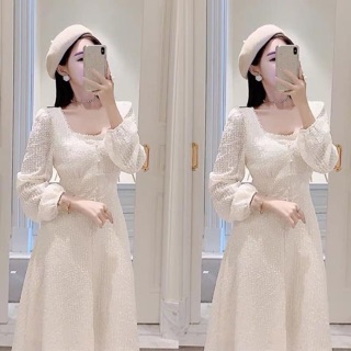 Váy vintage  [ KÈM VIDEO ẢNH THẬT] - Váy cổ vuông màu trắng sữa đính ngọc dáng dài order