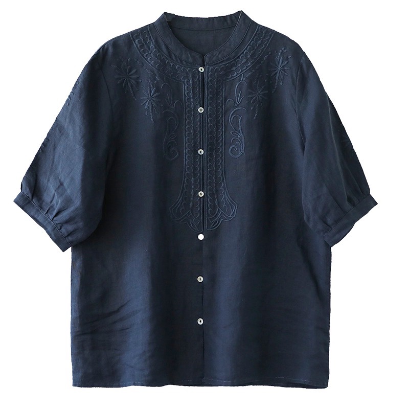 Ice retro embroidered cotton linen thin tops ramie short-sleeved shirt pick-up special ~ Japanese