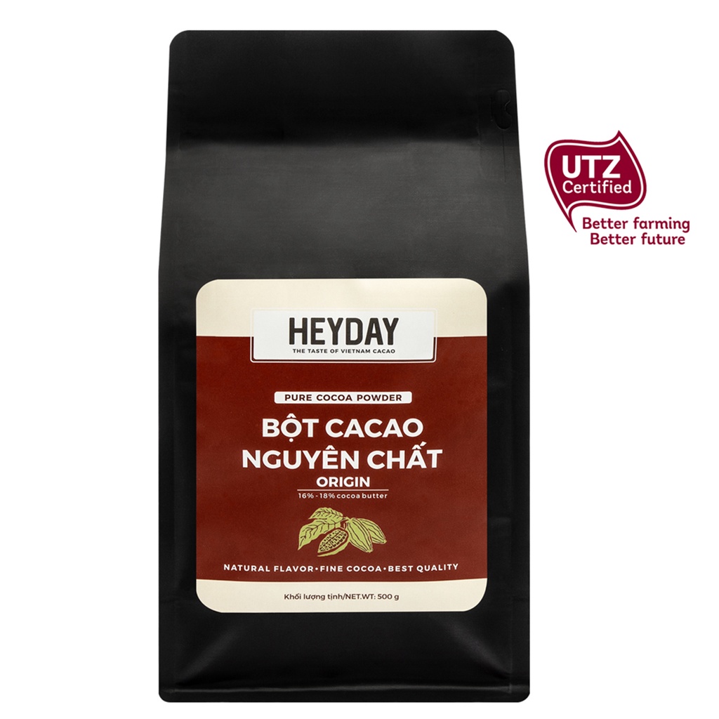 Túi zip 500g Bột cacao nguyên chất 100% không đường Heyday - Dòng Origin thượng hạng - Chuẩn UTZ Quốc Tế