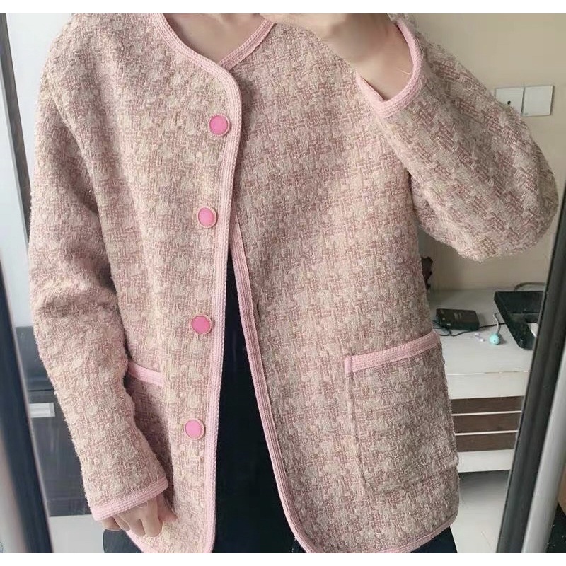 Áo Dạ Tweed Hoạ Tiết Phối Viền Cổ Tròn Phong Cách Hàn Quốc_ Hàng order QCCC
