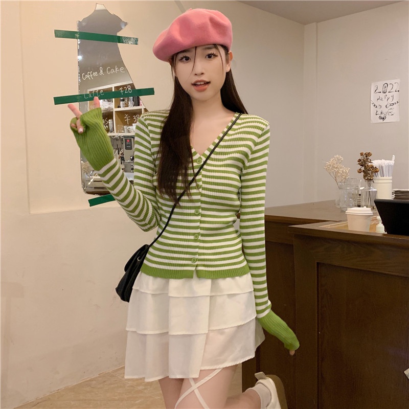 ZHELIHANGFEI Áo Khoác Cardigan Dệt Kim Tay Dài Cổ Chữ V Họa Tiết Kẻ Sọc Thời Trang