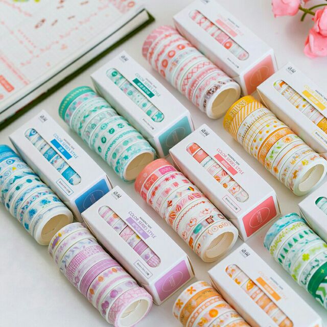 Hộp 10 cuộn washi tape trang trí sổ bullet journal