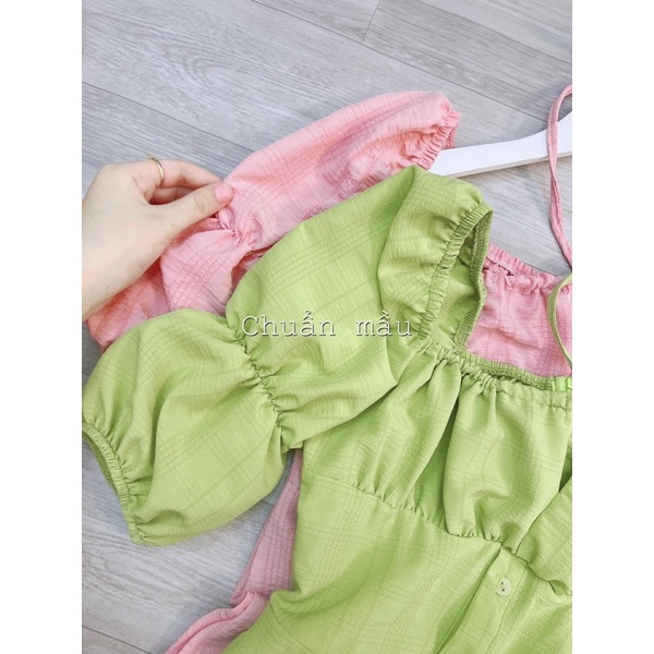 Váy thiết kế cổ vuông dúm ngực tay bồng xẻ tà 2 màu tiểu thư