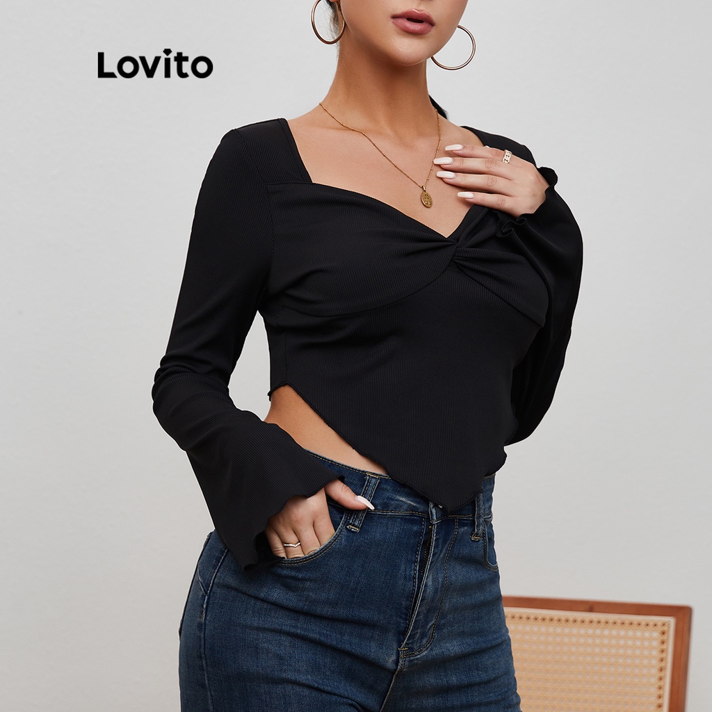 Lovito Áo Thun Tay Chuông Xoắn Màu Đen L20D163