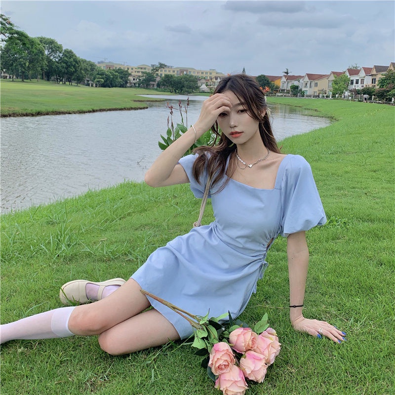 Đầm Tay Phồng Cổ Vuông Thiết Kế Mới Xinh Xắn Thời Trang Mùa Hè Dành Cho Nữ