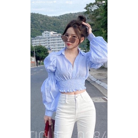 ÁO CROPTOP CARO NHÍ CHUN EO TAY KHÚC